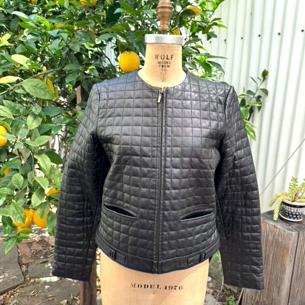Vintage Studio 512 Black Quilted 100% Leather Bomber Moto Jacket Size M